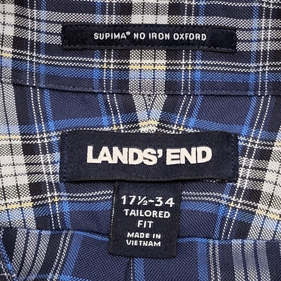 Lands End Blue Plaid Oxford Men's XL 17-1/2 34 No Iron 100% Supima Cotton LS - Picture 2 of 5